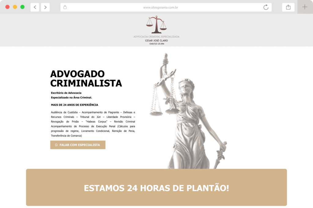 Página de advocacia criminal criada pela Sites Goiânia